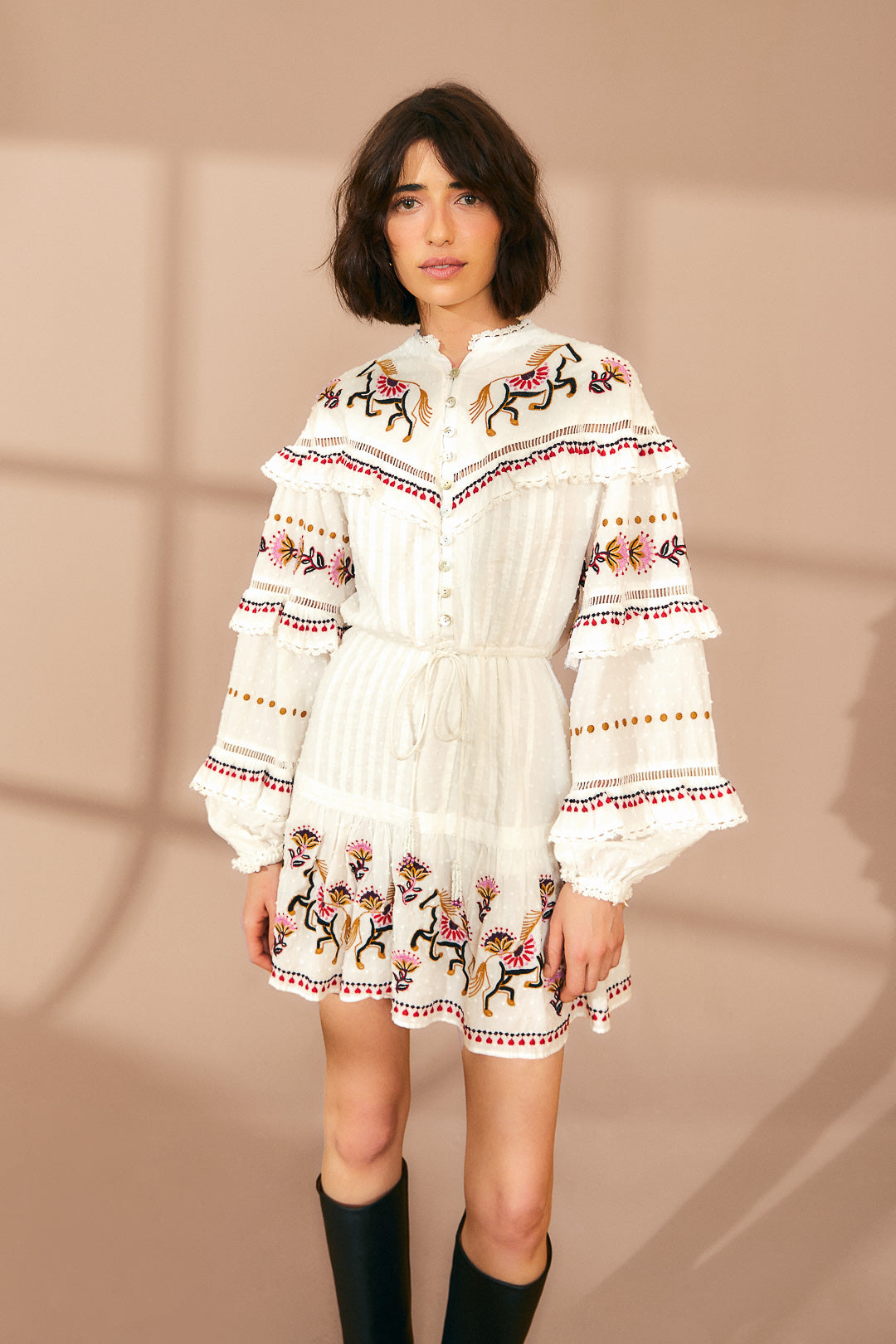 Embroidered Ruffle Mini Dress in Off White