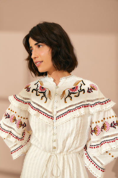 Embroidered Ruffle Mini Dress in Off White
