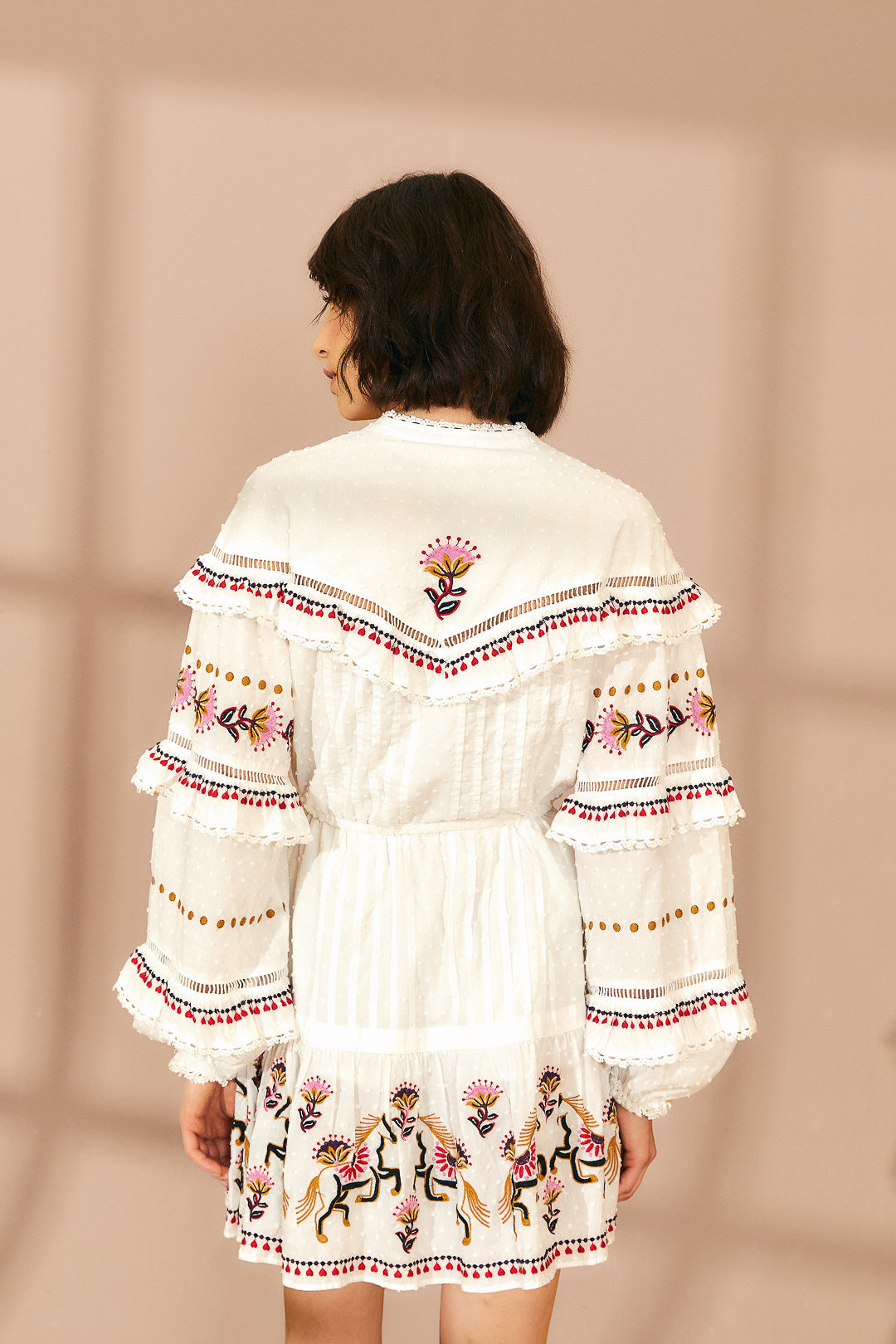 Embroidered Ruffle Mini Dress in Off White