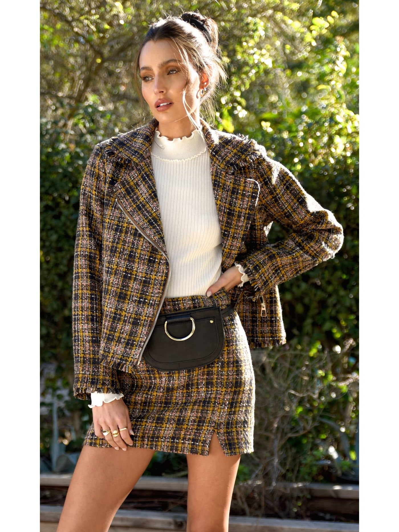 Jeyden Boucle Moto Jacket in Navy/Mustard