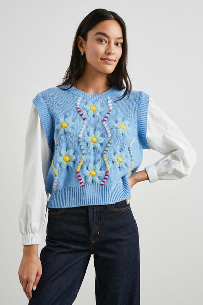 Tess Sweater in Blue Cable Daisies