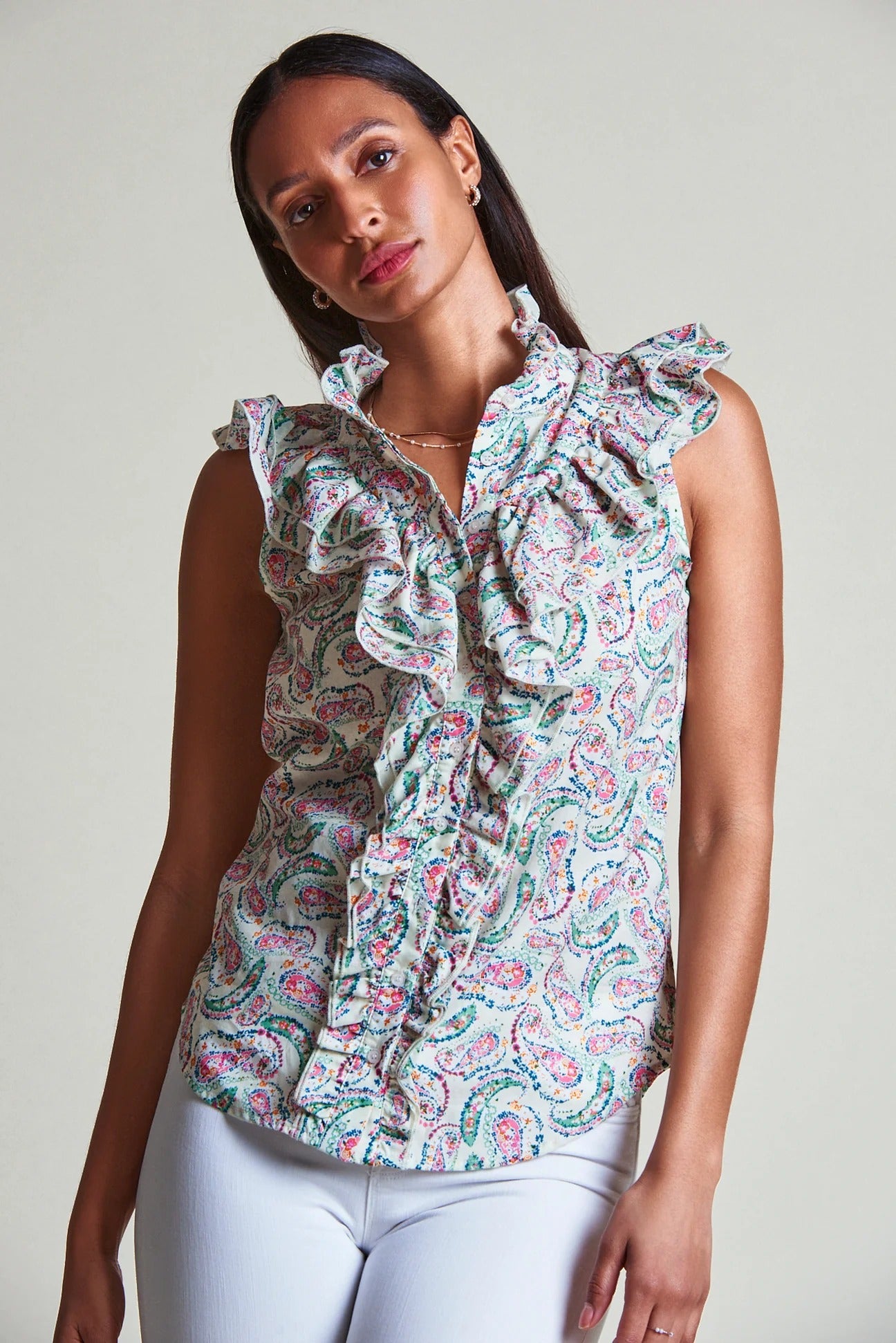 The Sleeveless Jill Ruffle Shirt in Multi
