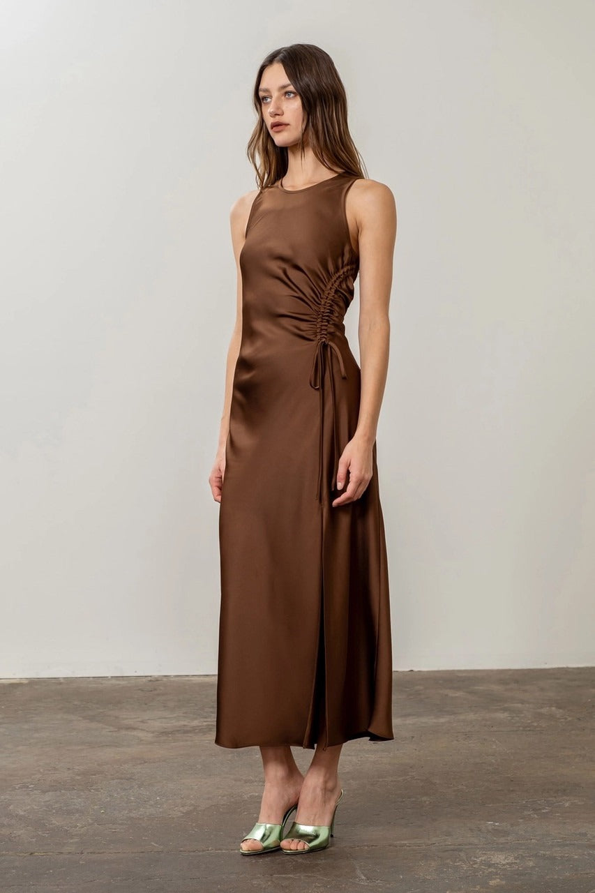Ruched Midi Dress in Chocolate