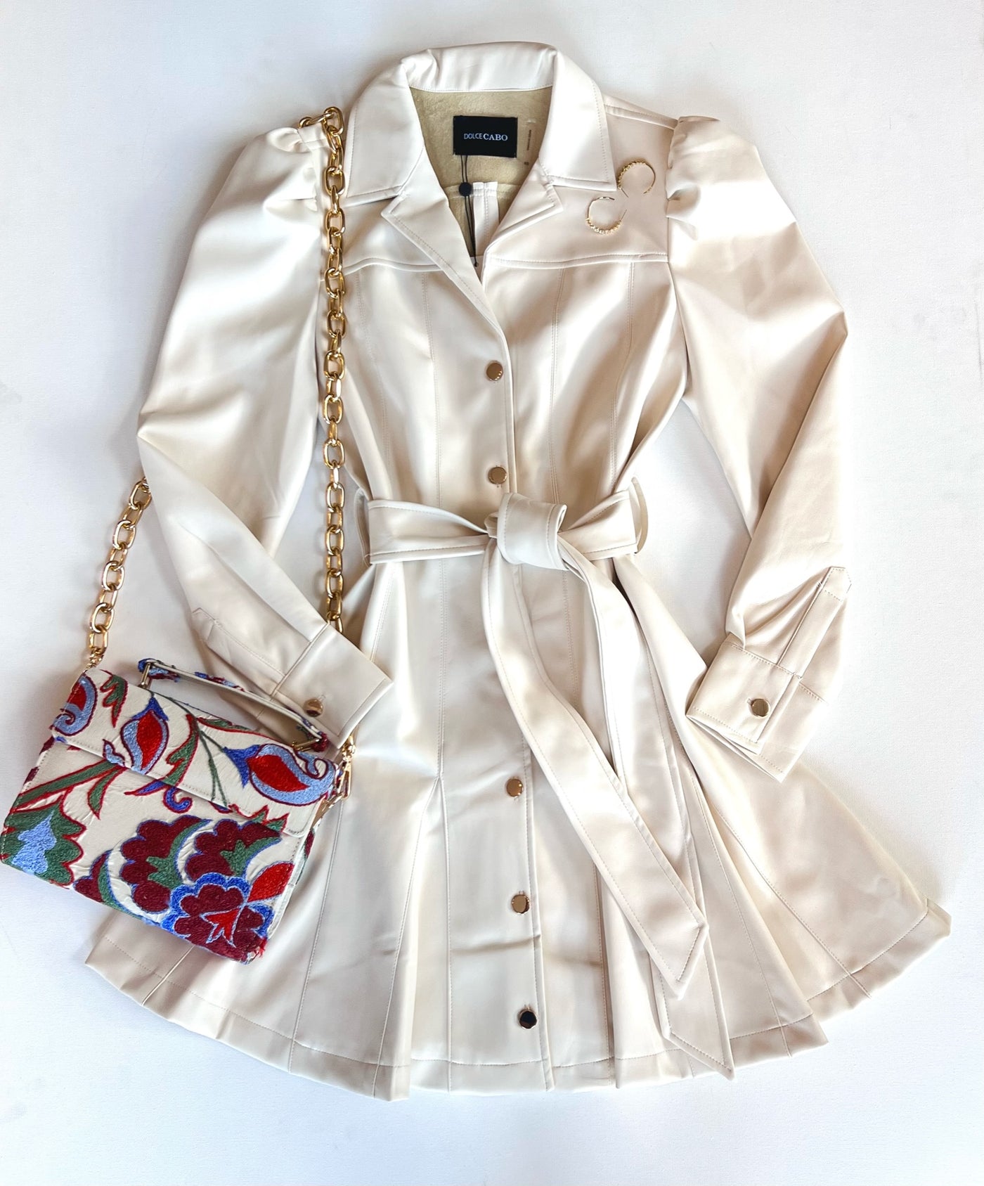 Vegan Leather Belted Dress in Ivory