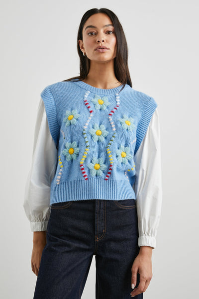 Tess Sweater in Blue Cable Daisies