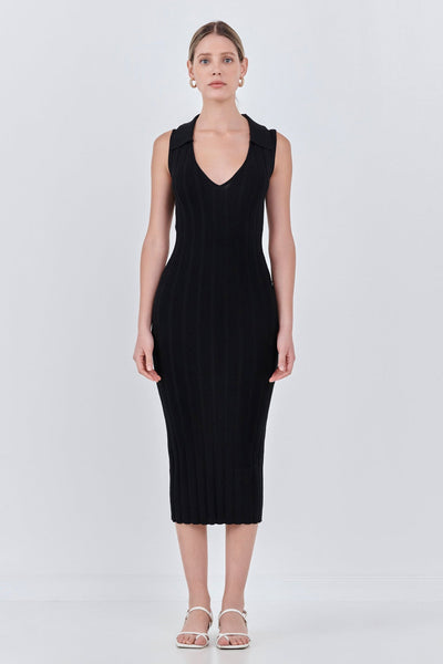 Rib Knit Midi Dress in Black