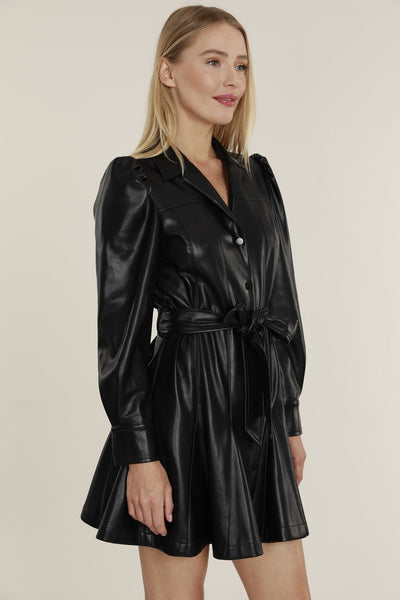 Vegan Leather Belted Dress in Black