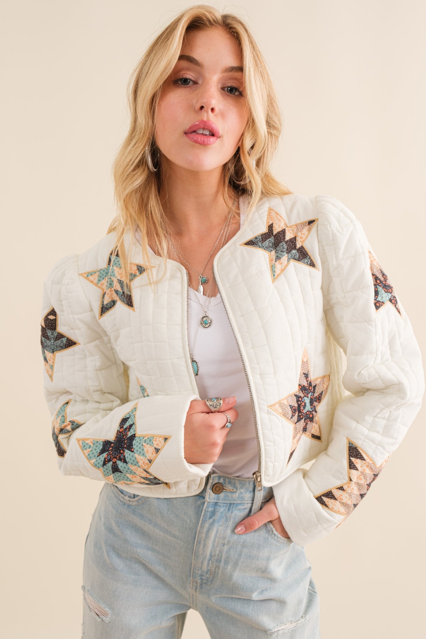 Star Quilted Jacket in Off White