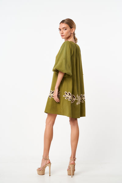 Krista Cutwork Mini Dress in Olive Green