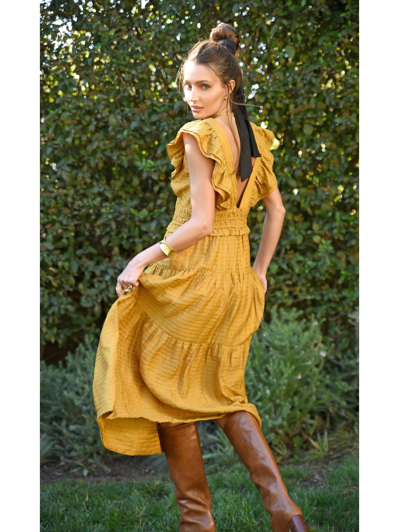 Kalista Textured Midi Dress in Mustard